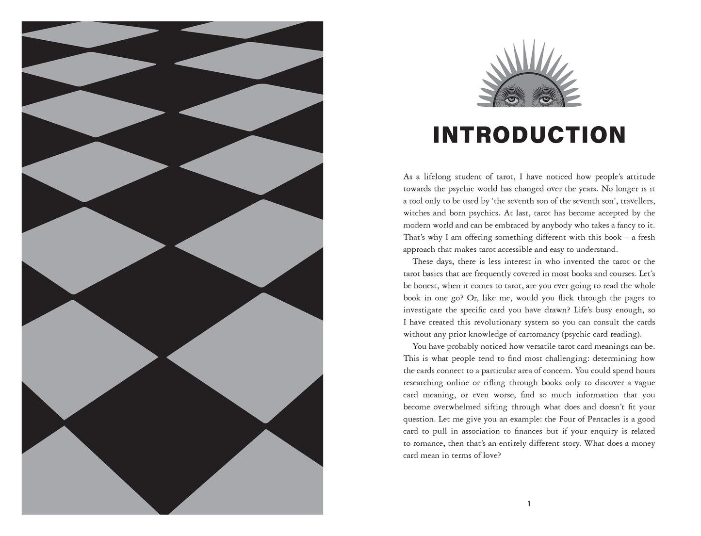 Page from a book with a black and white geometric pattern on the left and text on the right.