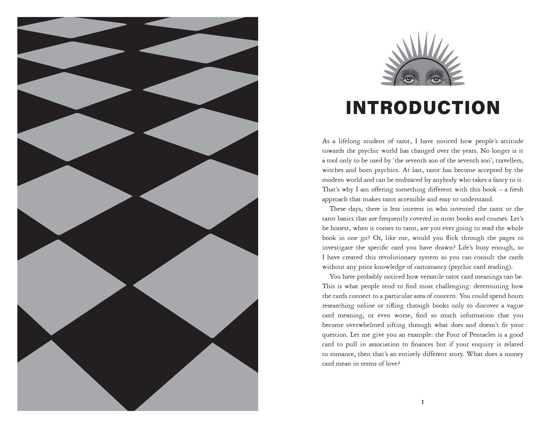 Page from a book with a black and white geometric pattern on the left and text on the right.