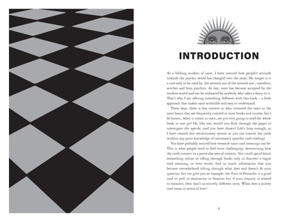 Page from a book with a black and white geometric pattern on the left and text on the right.