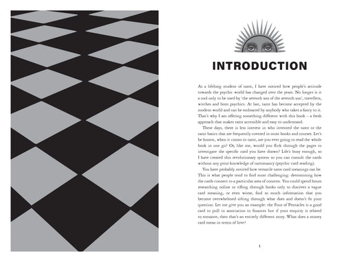 Page from a book with a black and white geometric pattern on the left and text on the right.