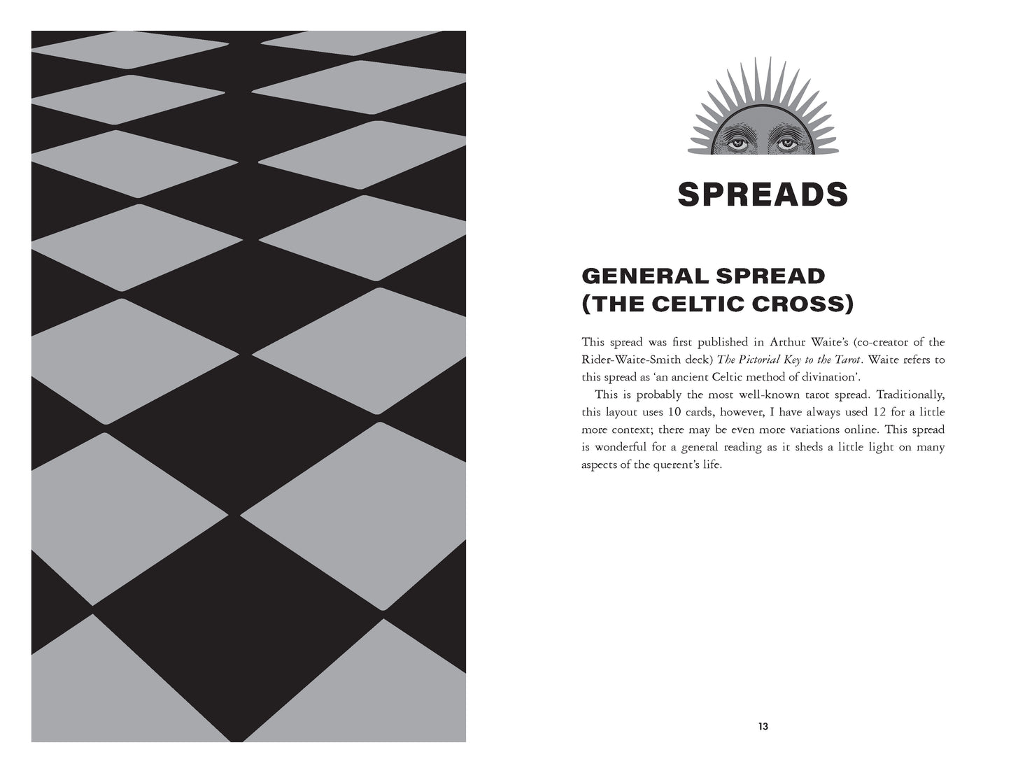 Magical Spread guide with black and gray diamond pattern and text on a white background