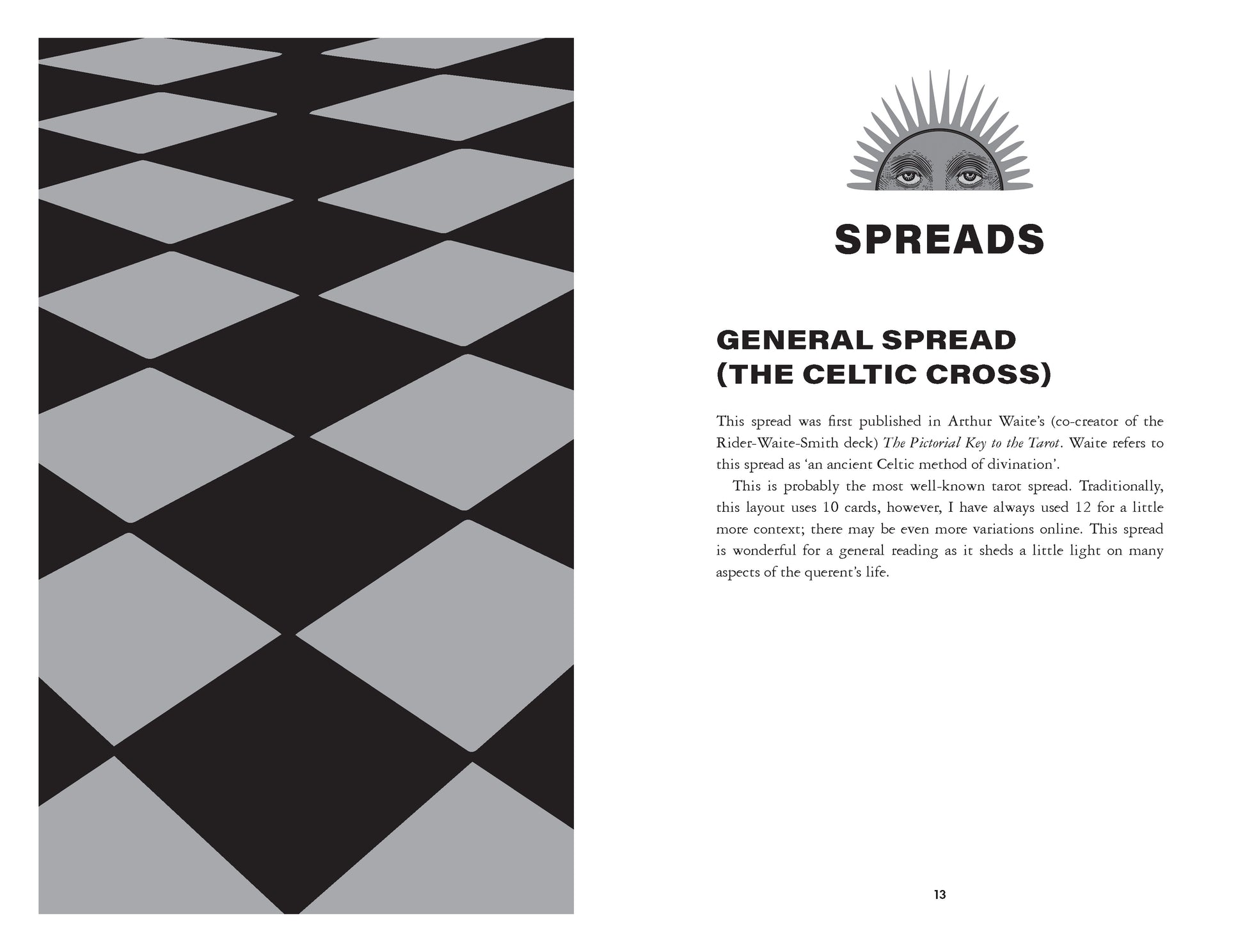 Magical Spread guide with black and gray diamond pattern and text on a white background