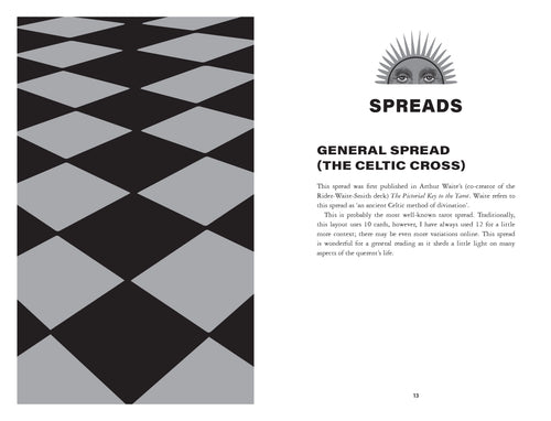 Magical Spread guide with black and gray diamond pattern and text on a white background