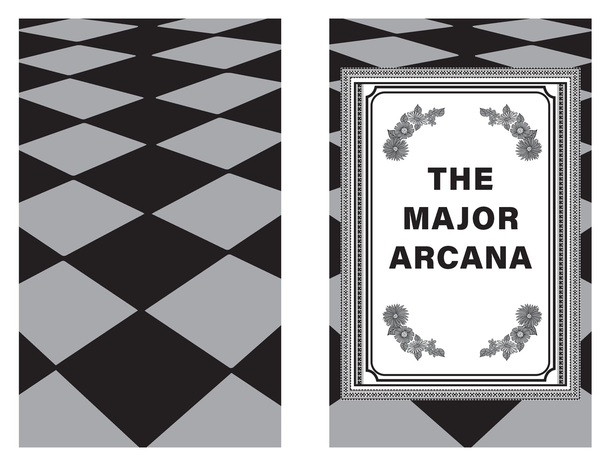 Book cover of 'The Major Arcana' with decorative elements on a black and white checkered background