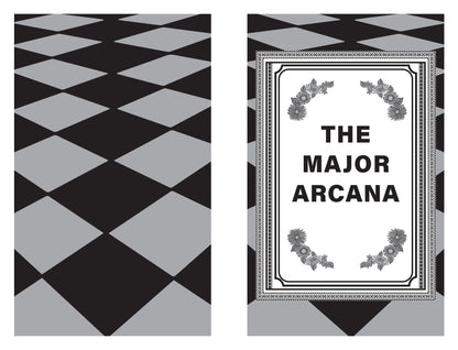 Book cover of 'The Major Arcana' with decorative elements on a black and white checkered background
