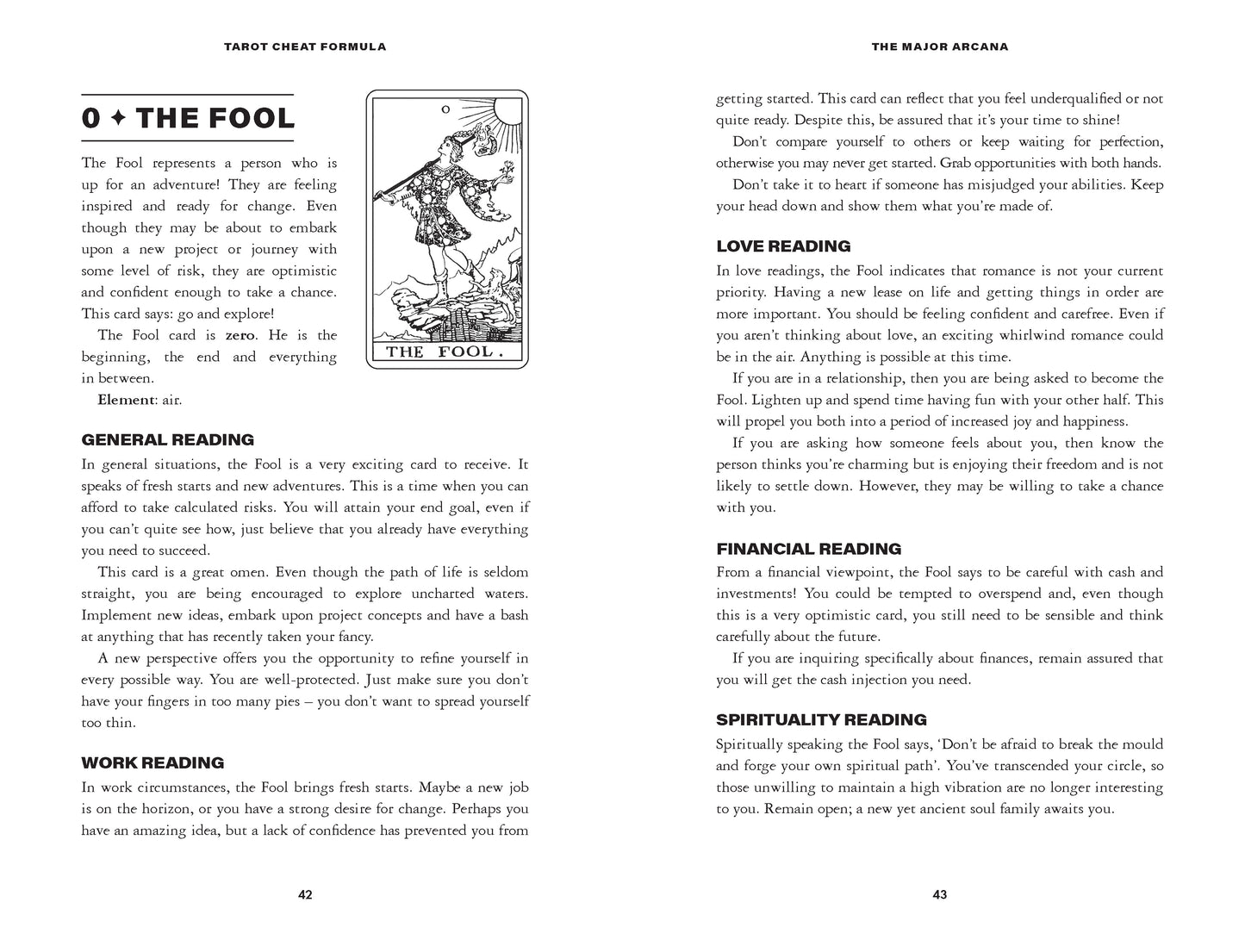 Page from a tarot book with an illustration of 'The Fool' card and text on various reading types.