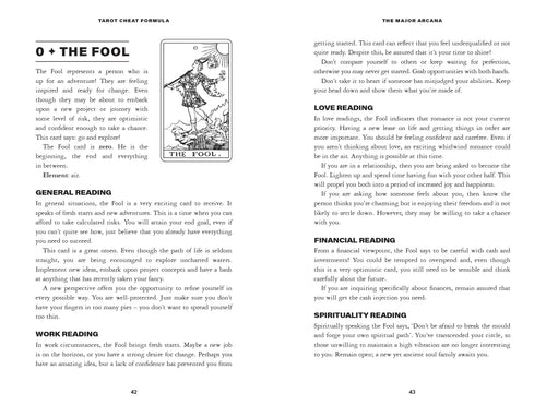 Page from a tarot book with an illustration of 'The Fool' card and text on various reading types.
