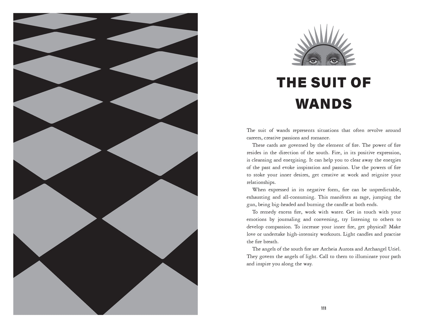 Page from a book or magazine with a geometric pattern on the left and text on the right about 'The Suit of Wands'.