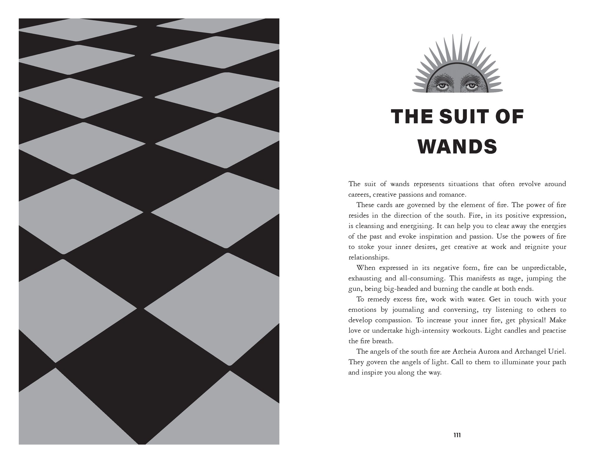 Page from a book or magazine with a geometric pattern on the left and text on the right about 'The Suit of Wands'.