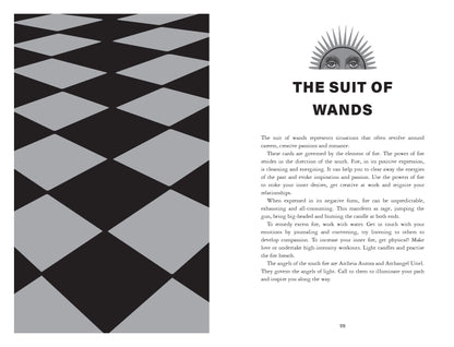 Page from a book or magazine with a geometric pattern on the left and text on the right about 'The Suit of Wands'.
