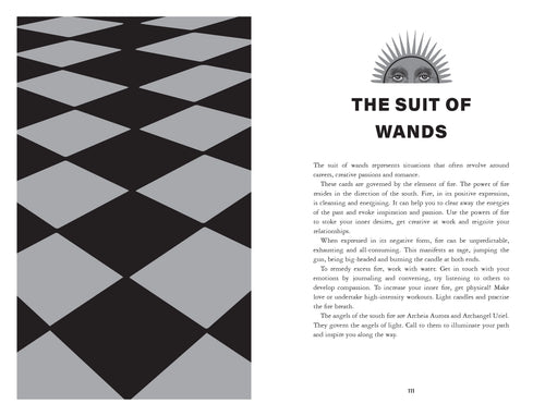 Page from a book or magazine with a geometric pattern on the left and text on the right about 'The Suit of Wands'.