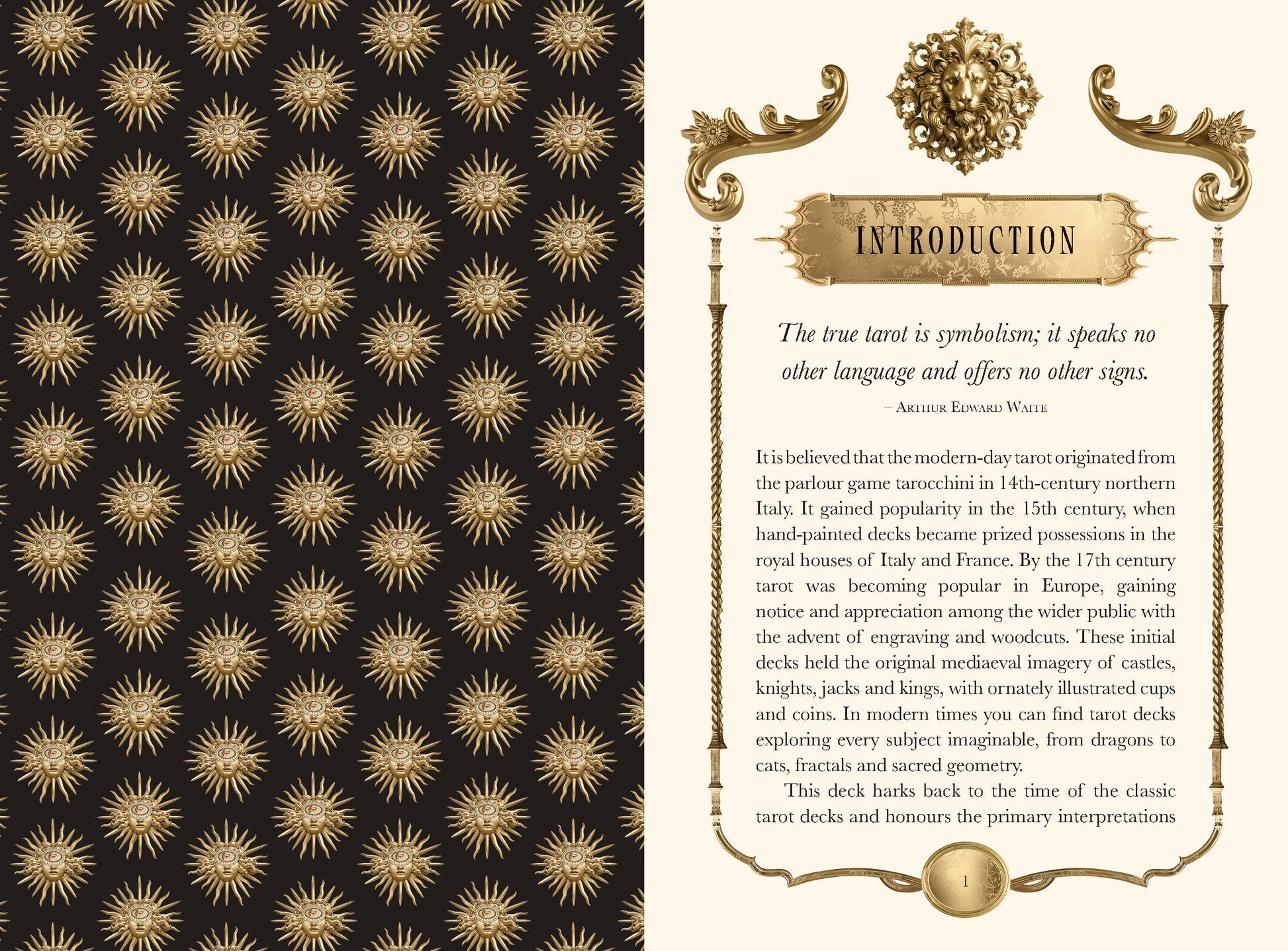 Decorative introduction page with gold starburst pattern on black background