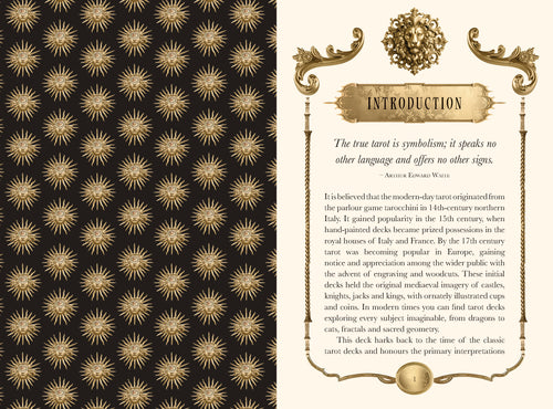 Decorative introduction page with gold starburst pattern on black background
