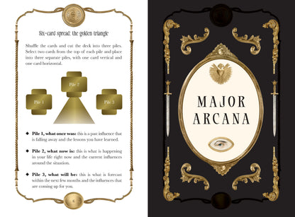 Major Arcana card with ornate design and text on a dark background