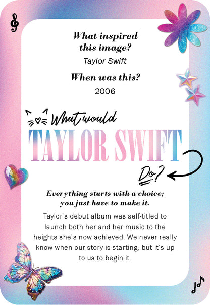 Taylor Swift themed card with text and graphics on a colorful background
