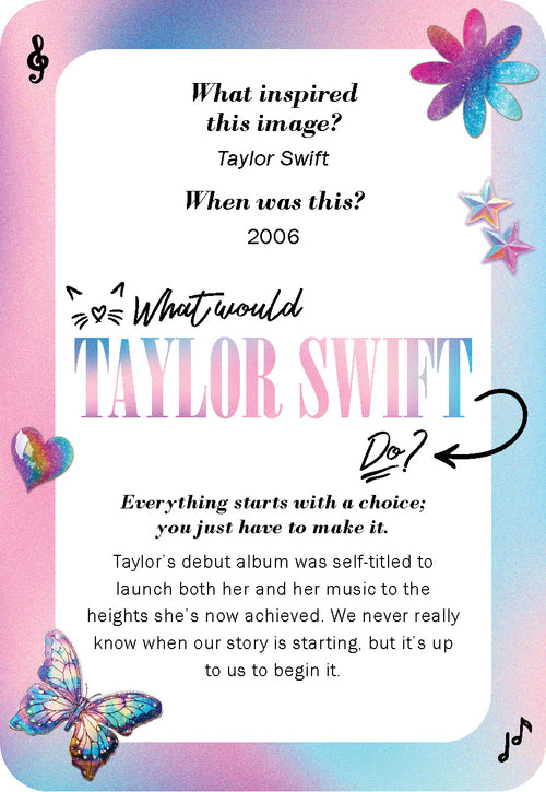 Taylor Swift themed card with text and graphics on a colorful background