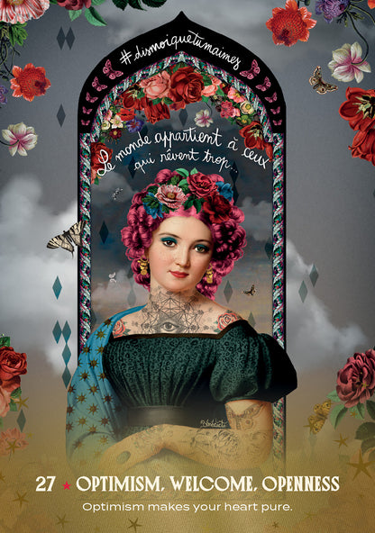 Artistic depiction of a woman with tattoos and flowers, framed by decorative elements and text.