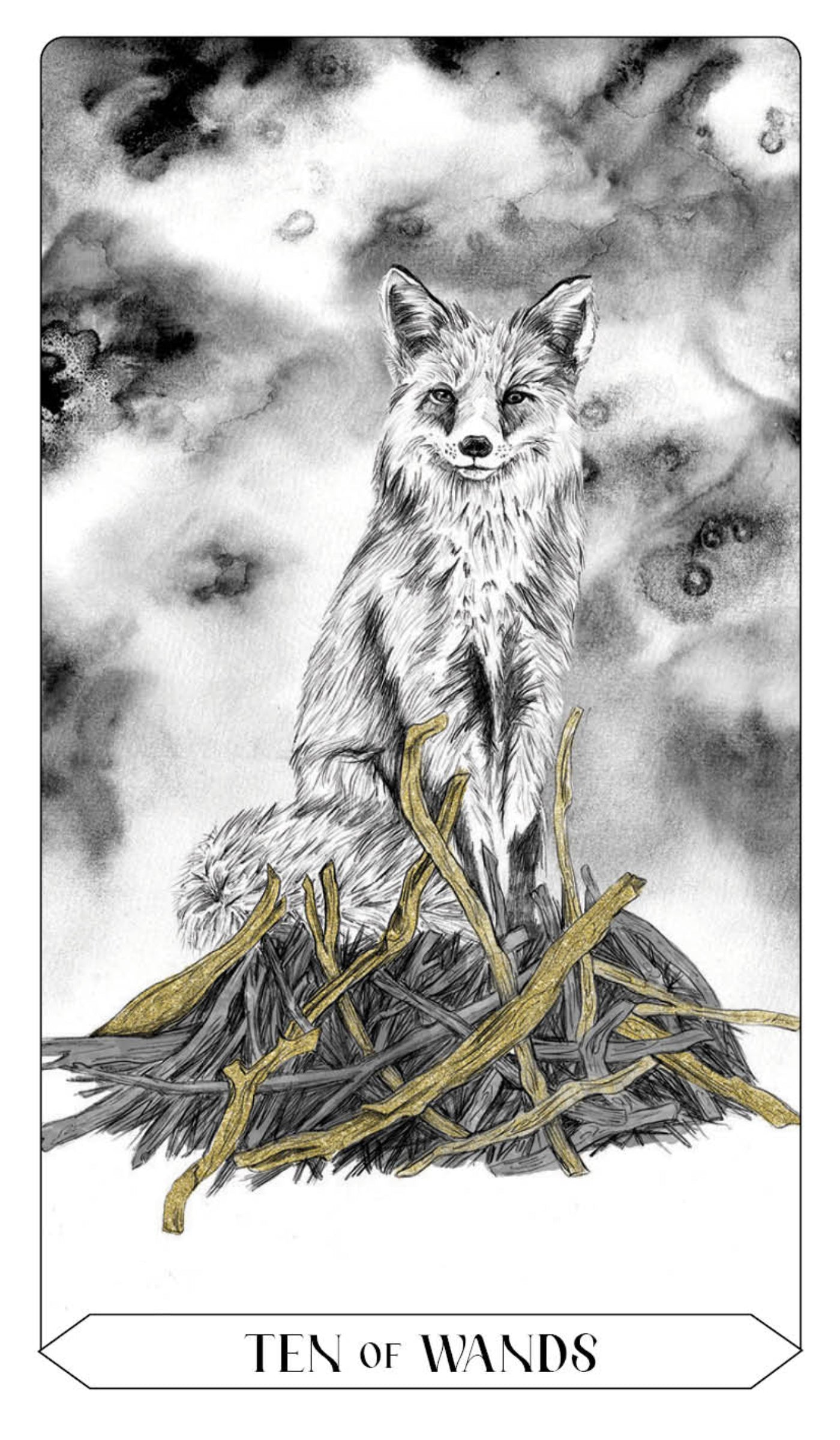 Illustration of a fox standing on twigs with a mystical background, labeled 'Ten of Wands'.