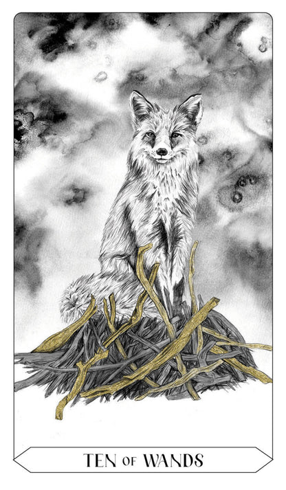 Illustration of a fox standing on twigs with a mystical background, labeled 'Ten of Wands'.