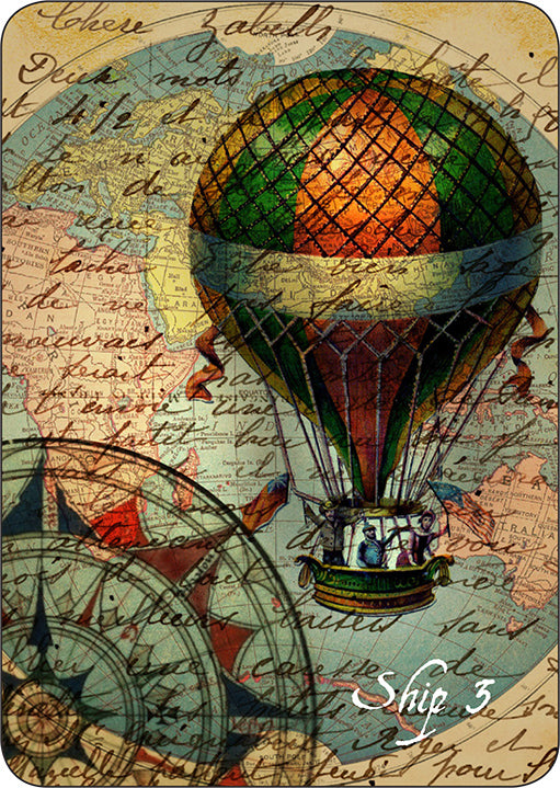 Vintage-style illustration of a hot air balloon on an old map background with 'Ship 3' text.