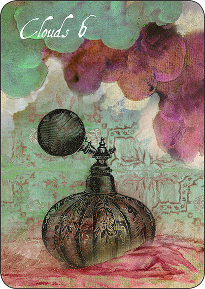 Decorative card with a vintage-style perfume bottle and cloud design