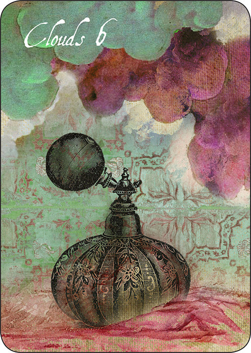 Decorative card with a vintage-style perfume bottle and cloud design