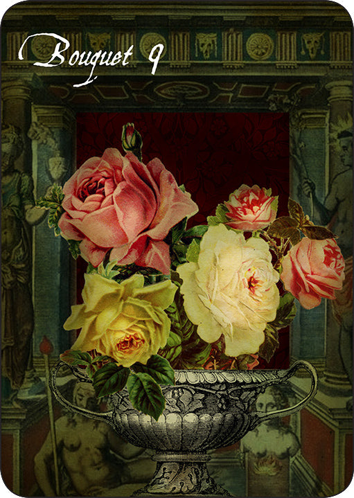 Vintage-style image of a bouquet of flowers in an ornate urn with classical architecture in the background.