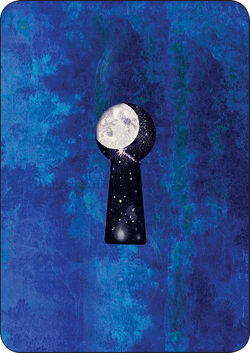 Keyhole with a moon inside on a blue textured background