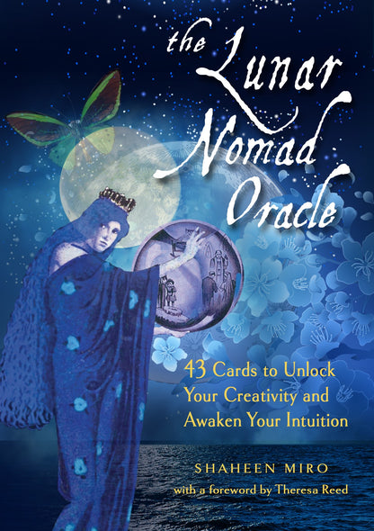 Book cover of 'The Lunar Nomad Oracle' with a woman in blue robes and a butterfly, set against a night sky.