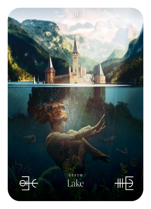 Split-view of a castle on land and underwater with a person, set against a mountainous landscape.