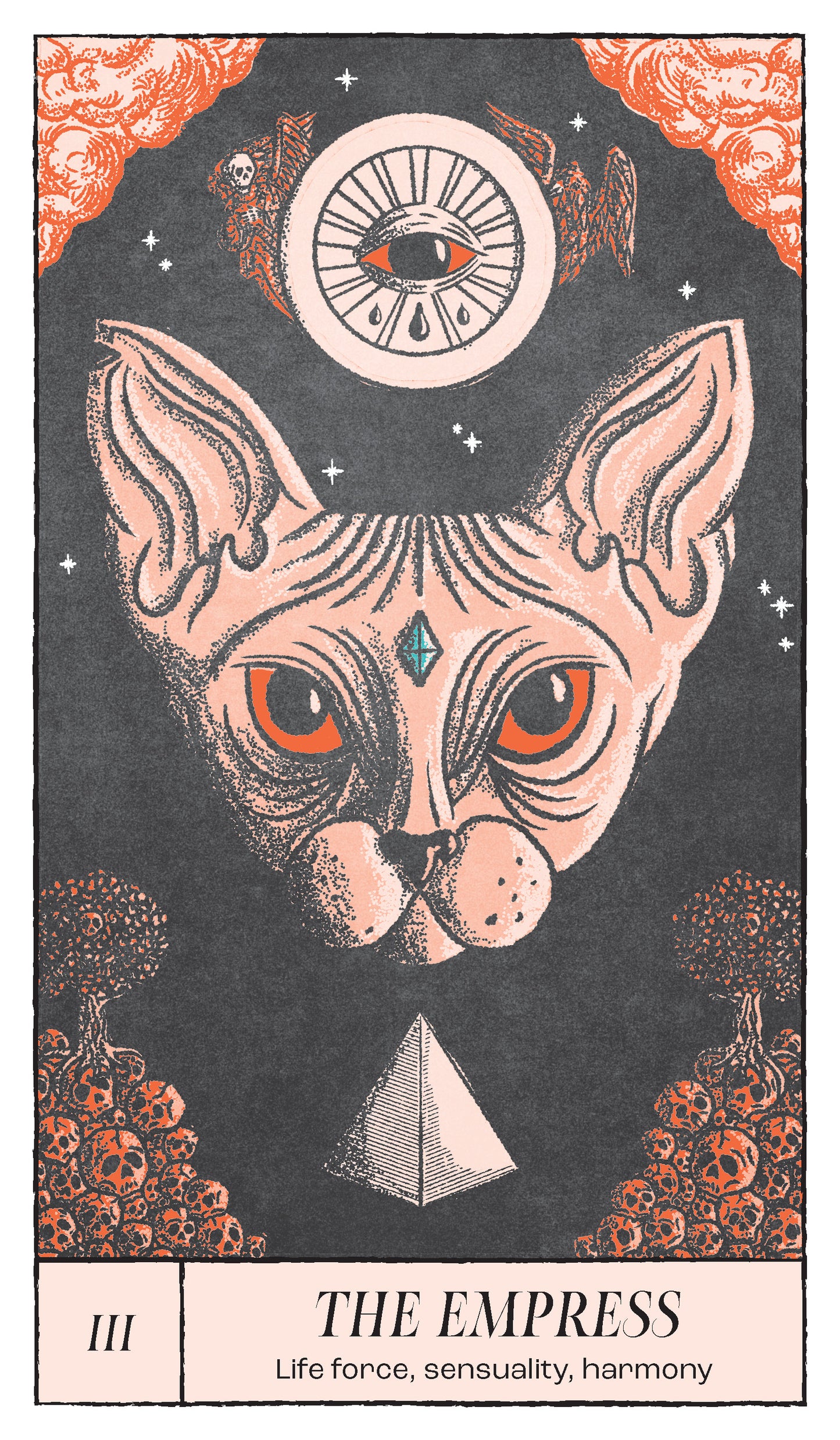 Tarot card titled the Empress featuring an illustration of a cat with crystals and eyes on a black and white background. 