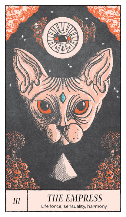 Tarot card titled the Empress featuring an illustration of a cat with crystals and eyes on a black and white background. 