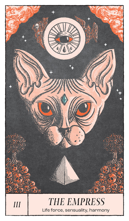 Tarot card titled the Empress featuring an illustration of a cat with crystals and eyes on a black and white background. 