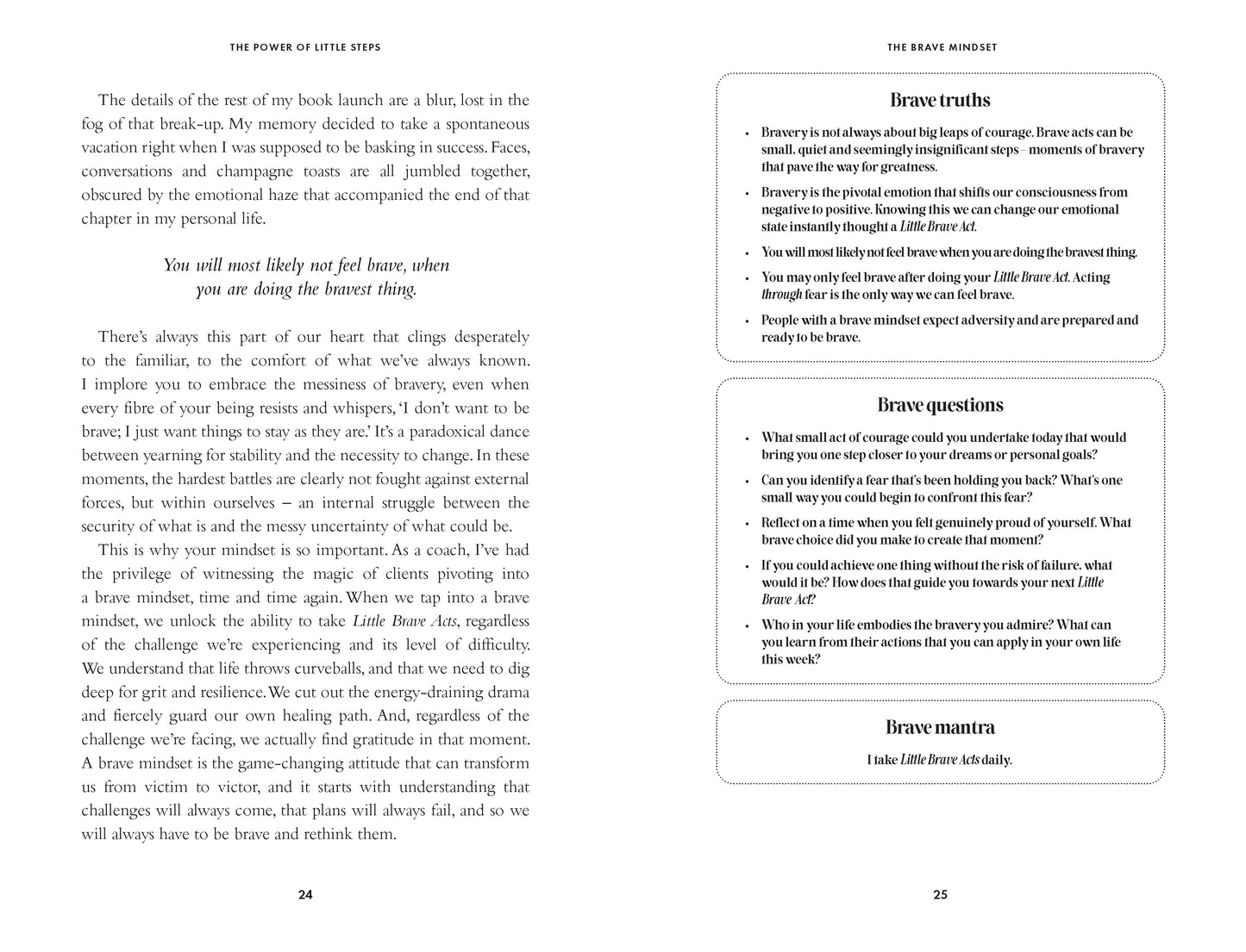 Book page with text and a list of brave traits on a white background