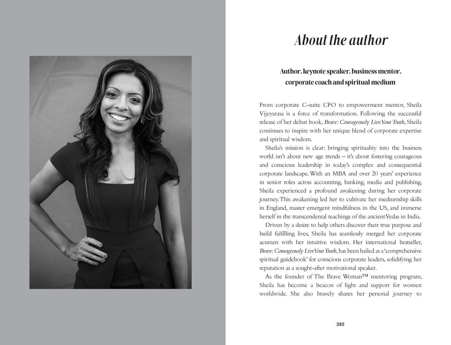 Book page with a black and white portrait of a woman and text about the author on a gray background.
