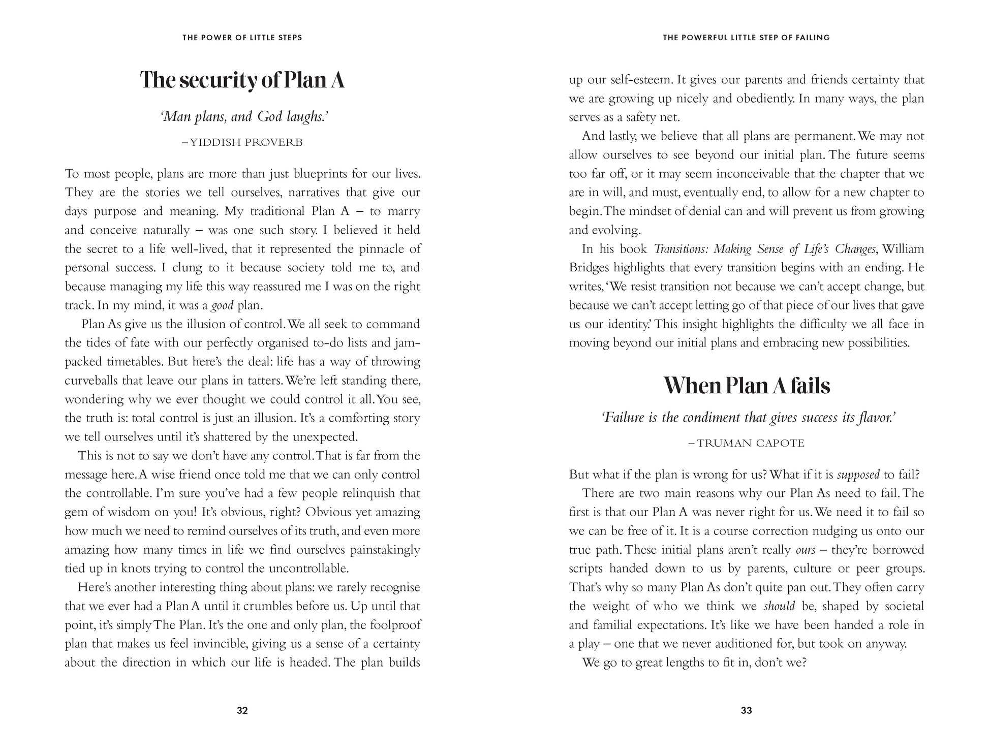 Book pages with text on the security of Plan A and When Plan A fails, featuring quotes from Trilok Chopra.