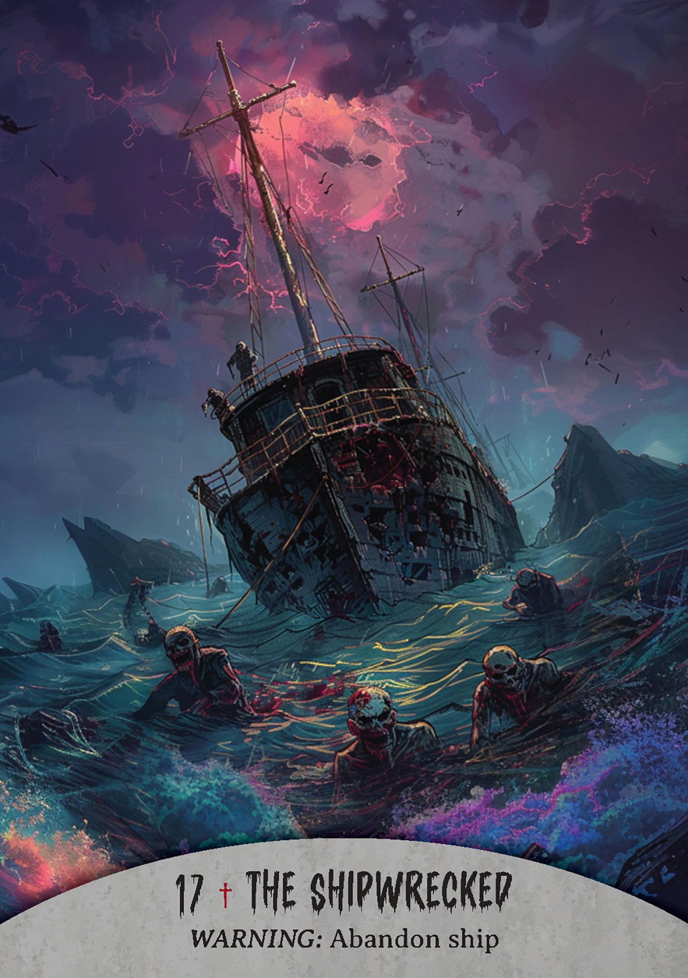 Artistic depiction of a shipwreck with survivors in small boats against a dramatic sky.