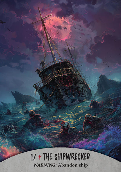 Artistic depiction of a shipwreck with survivors in small boats against a dramatic sky.