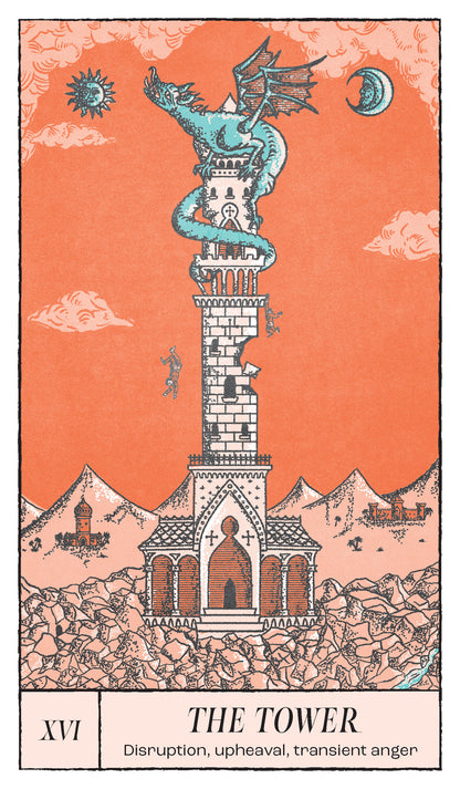 Tarot card titled 'The Tower' with a dragon and tower design on an orange background.