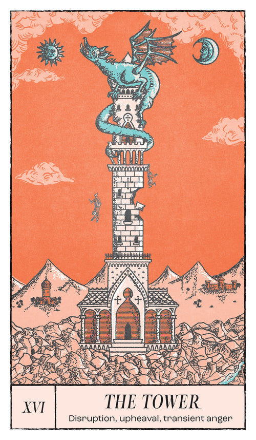 Tarot card titled 'The Tower' with a dragon and tower design on an orange background.