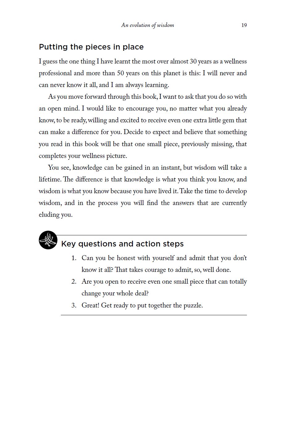 Page from a book with text on wellness and wisdom, featuring a white background and black text.