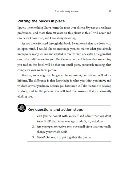 Page from a book with text on wellness and wisdom, featuring a white background and black text.