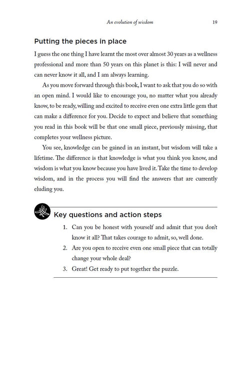Page from a book with text on wellness and wisdom, featuring a white background and black text.