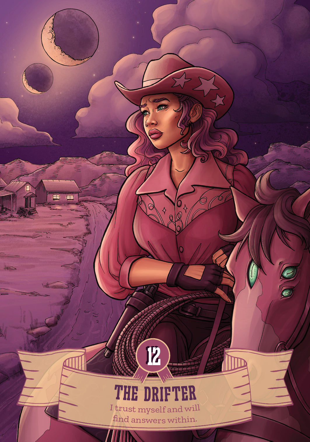 Illustration of a woman in a cowboy hat with a horse, set against a purple sky with clouds and moon.