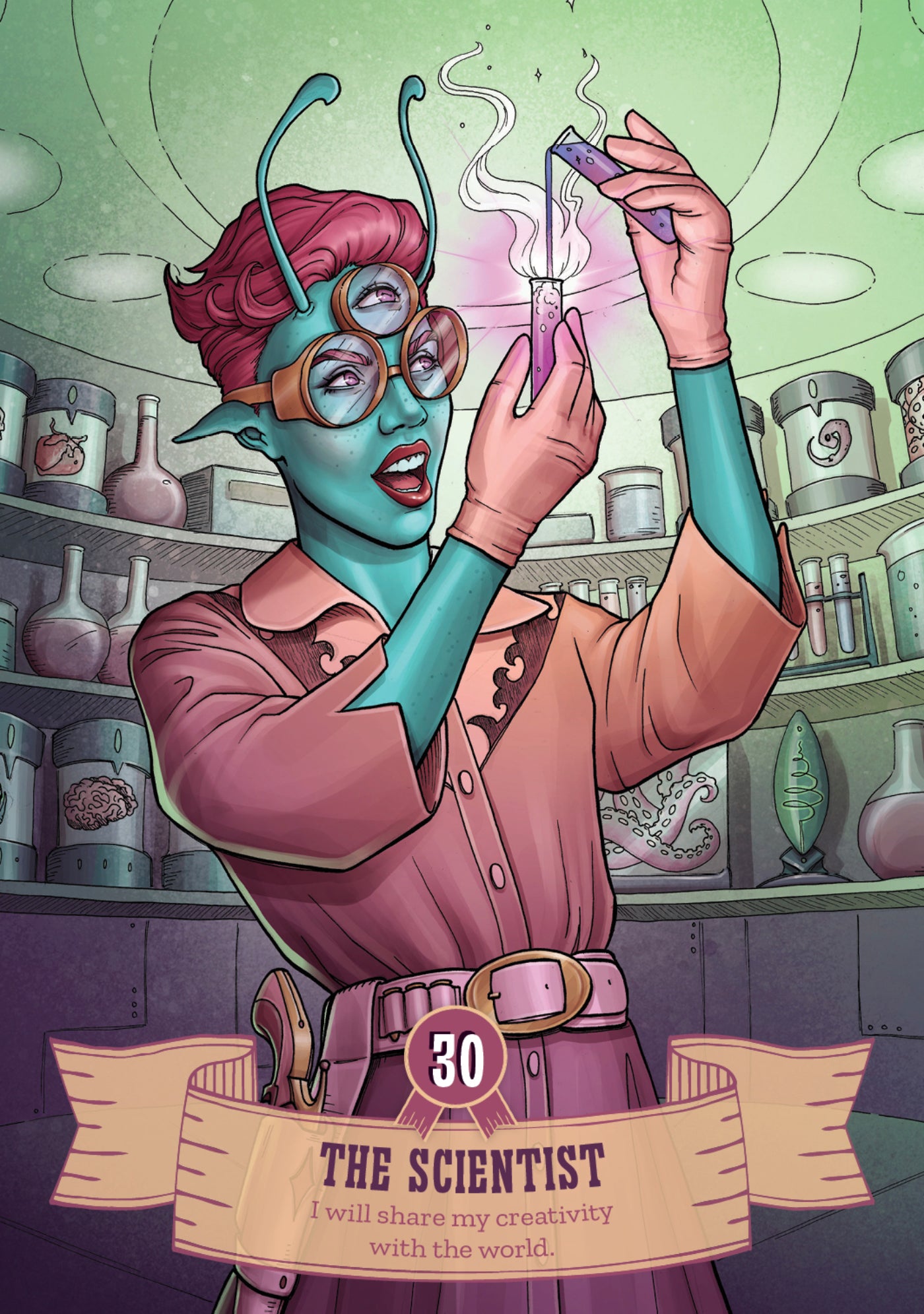 Illustration of a character labeled 'The Scientist' holding a glowing object in a laboratory setting.