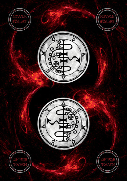 Two circular symbols with intricate designs on a dark background with red flames.