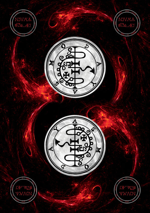 Two circular symbols with intricate designs on a dark background with red flames.