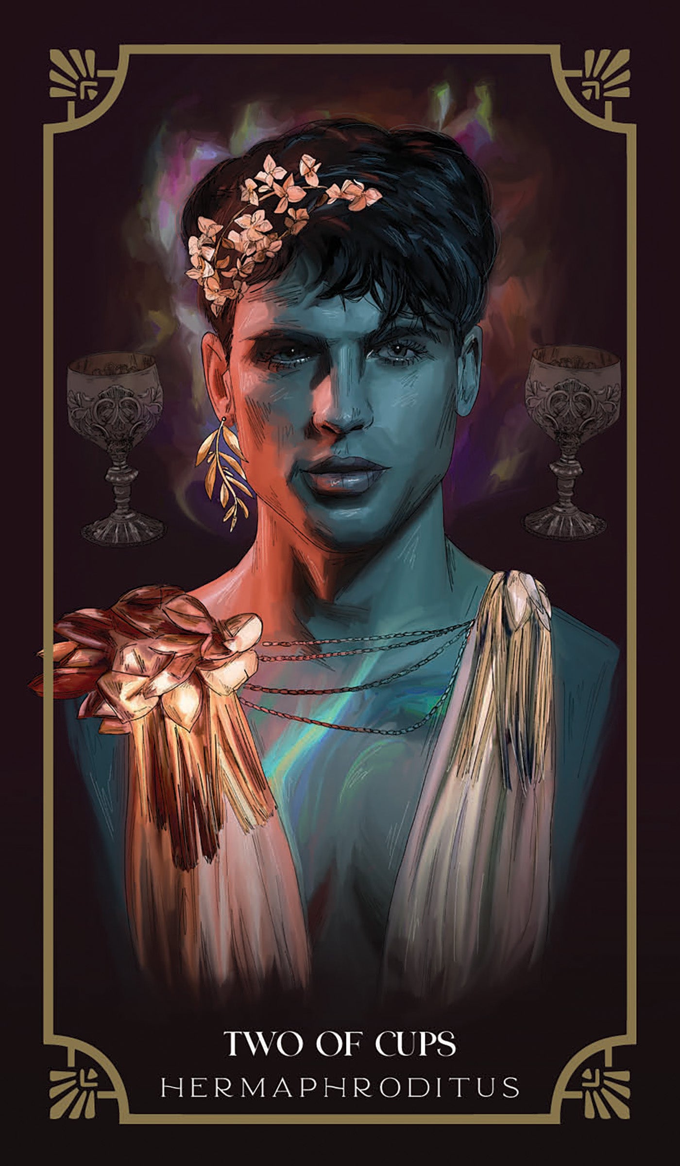 Illustration of a person with classical attire and jewelry, framed as 'Two of Cups' from Hermaphroditus tarot deck.