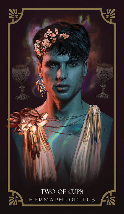 Illustration of a person with classical attire and jewelry, framed as 'Two of Cups' from Hermaphroditus tarot deck.