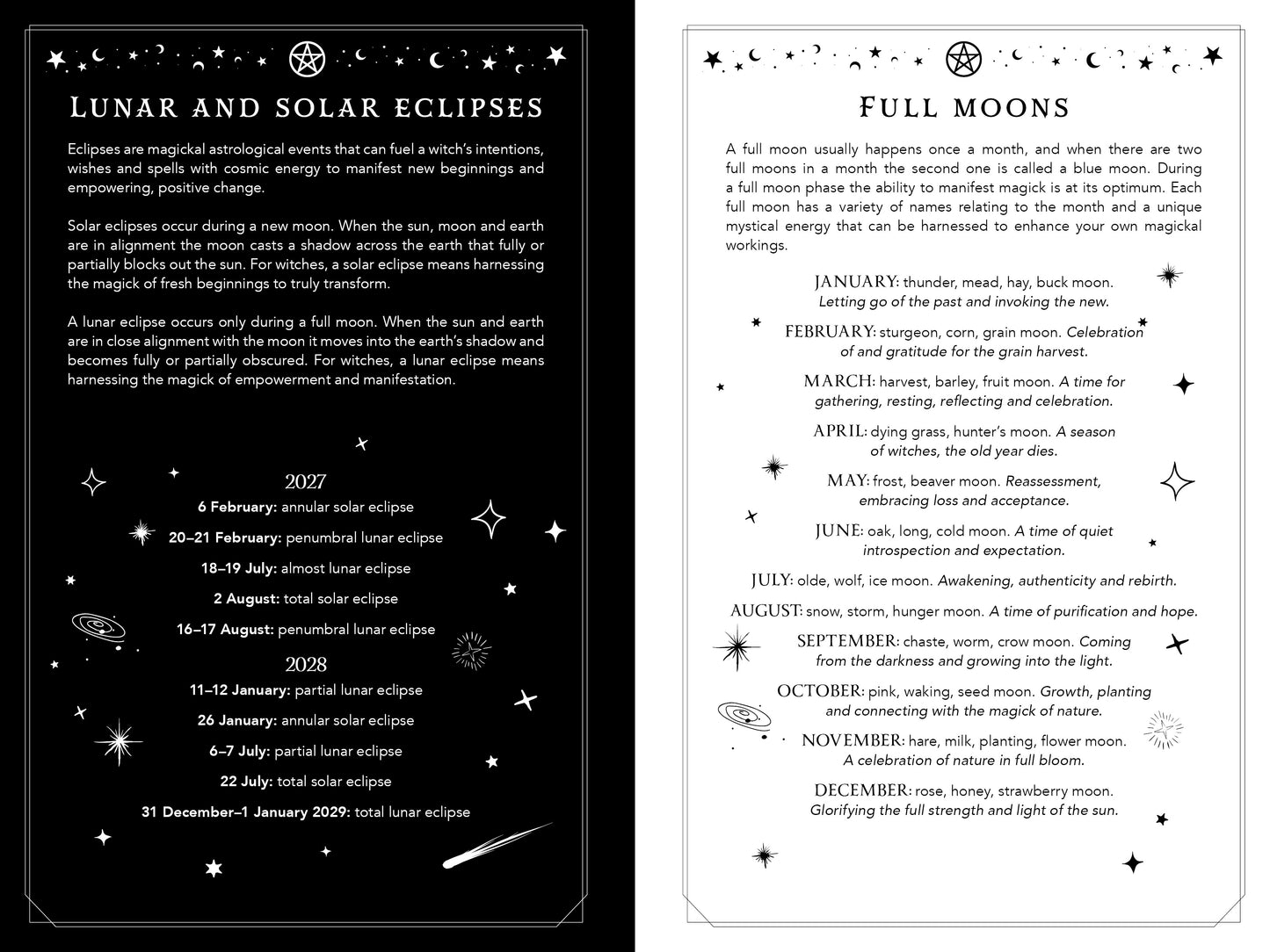 Two pages from a book or magazine about lunar and solar eclipses and full moons with text and star illustrations.